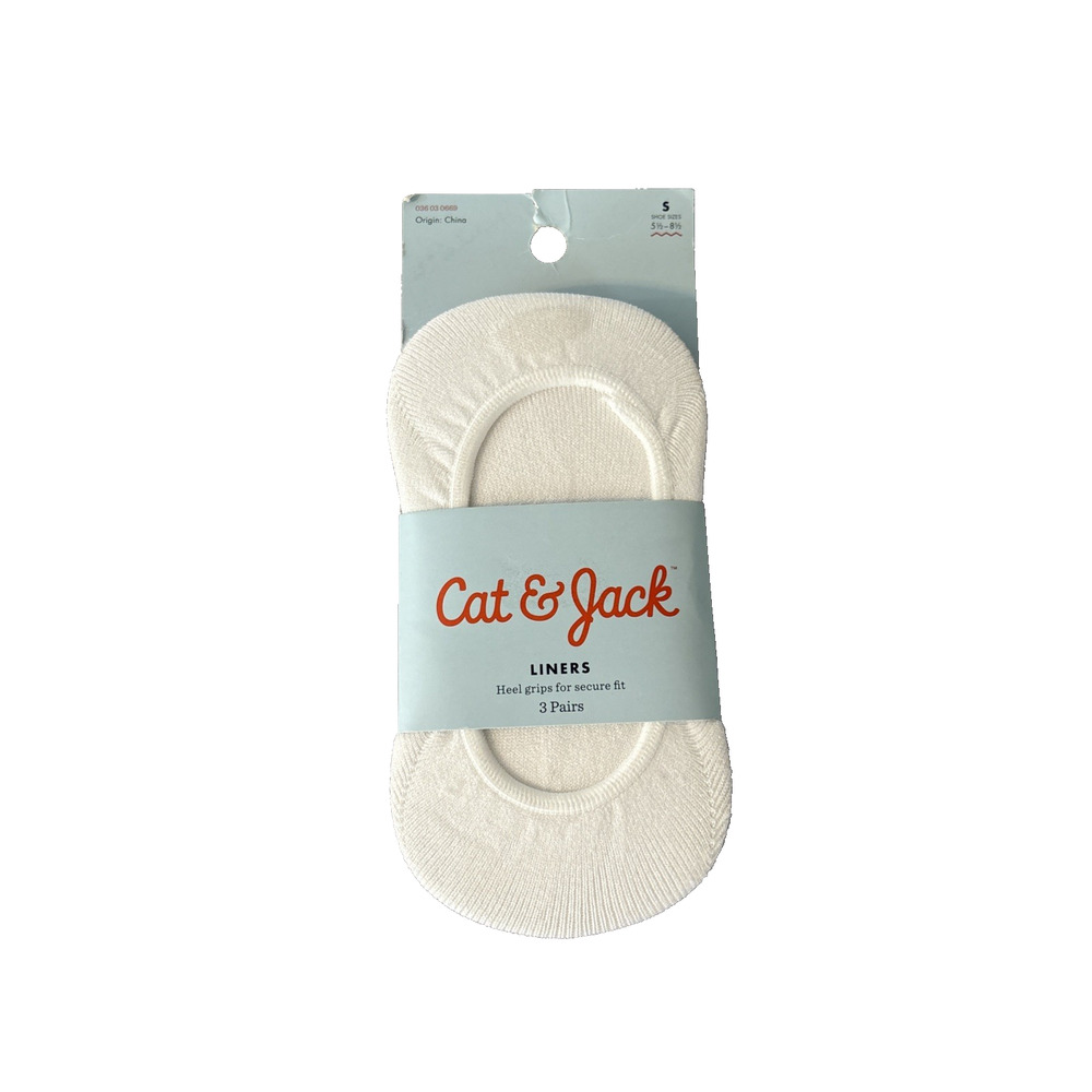 Cat & Jack Girls Liners No-Show Socks Heel Grips White Pink Black, 3 Pairs, Sz S